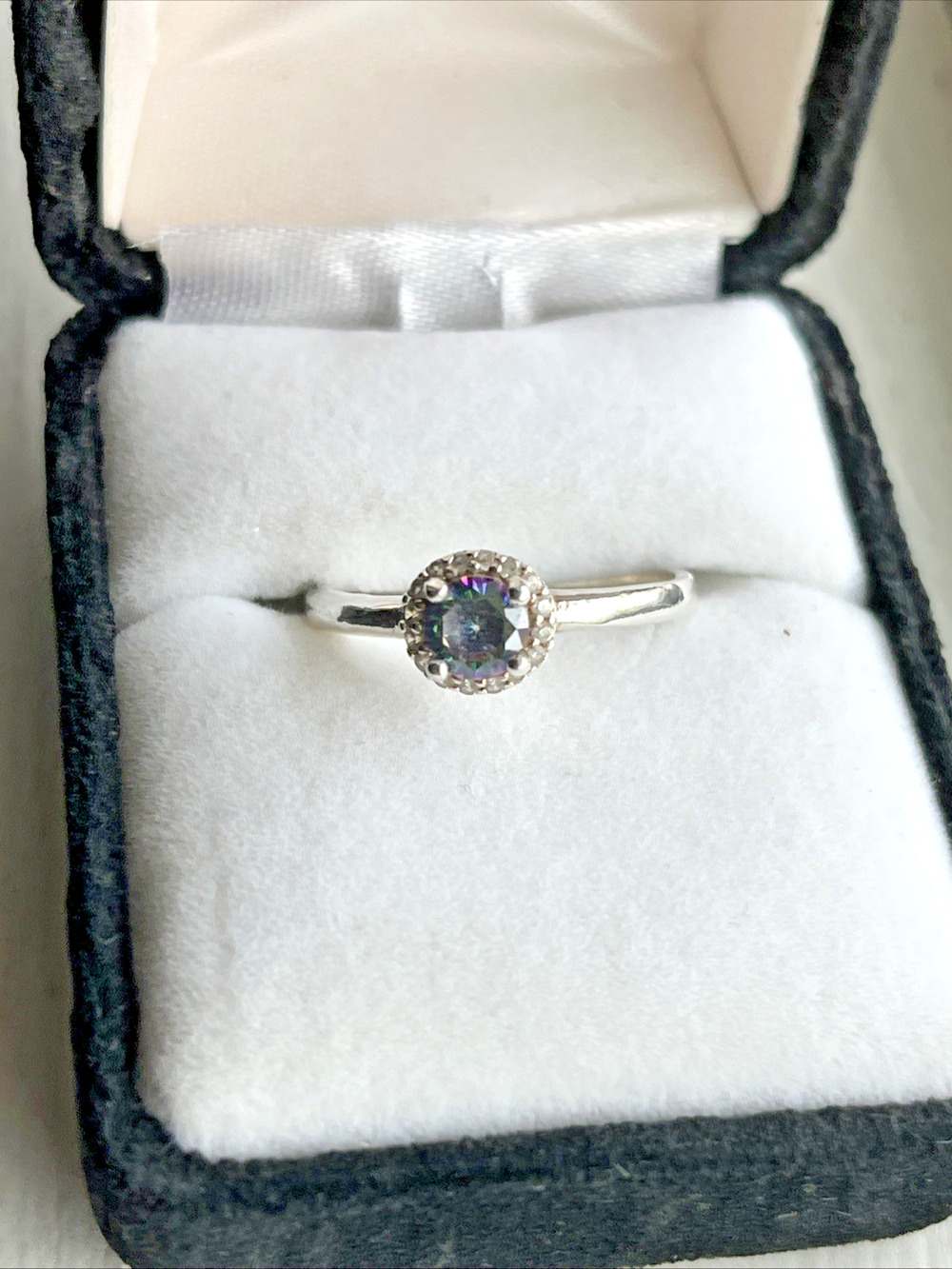 925 Sterling Silver Mystic Rainbow Topaz Halo Ring Sz 8 Color Shifting Solitaire